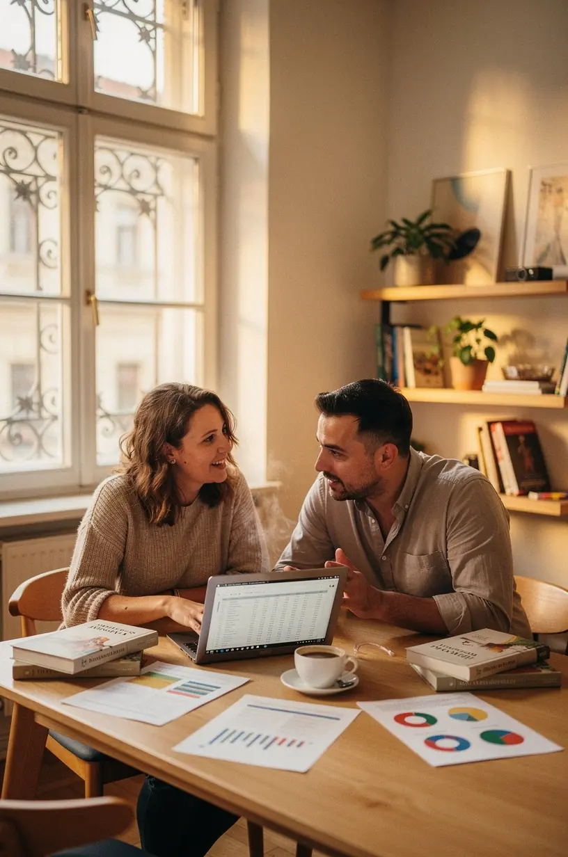 Közös bankszámla kivonatot néz át egy pár, miközben jegyzeteket készítenek.