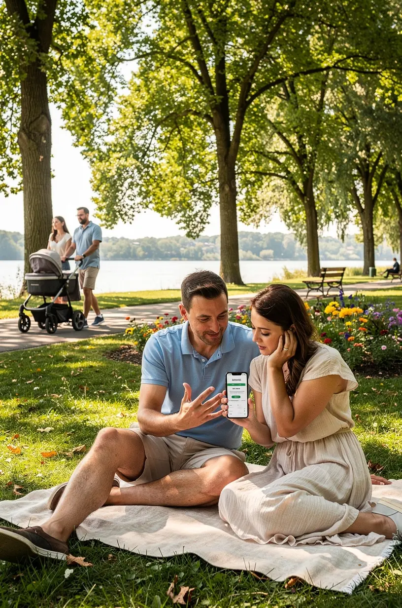 Egy pár mosolyogva egyezteti kiadásait egy modern otthoni környezetben.
