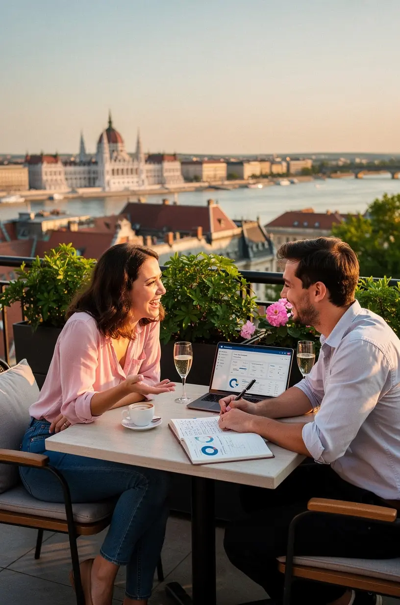 Fiatal pár együtt tervezi havi költségvetését egy laptop előtt ülve.