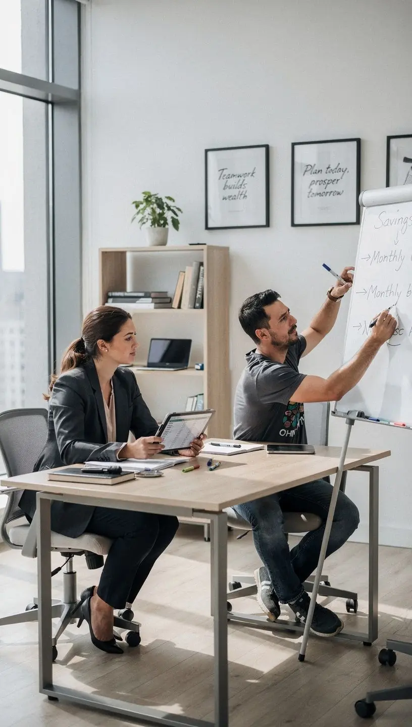 Nyitott pénzügyi könyv és jegyzetfüzet egy asztalon, háttérben egy pár beszélget.